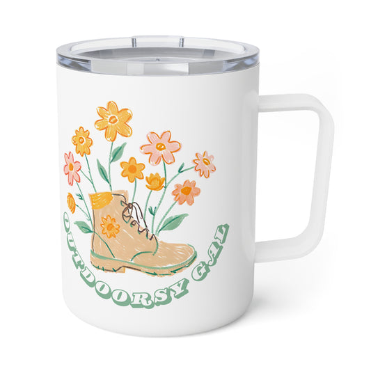 Outdoorsy Gal Flowers Hiking Boot Insulated Coffee Mug, 10oz